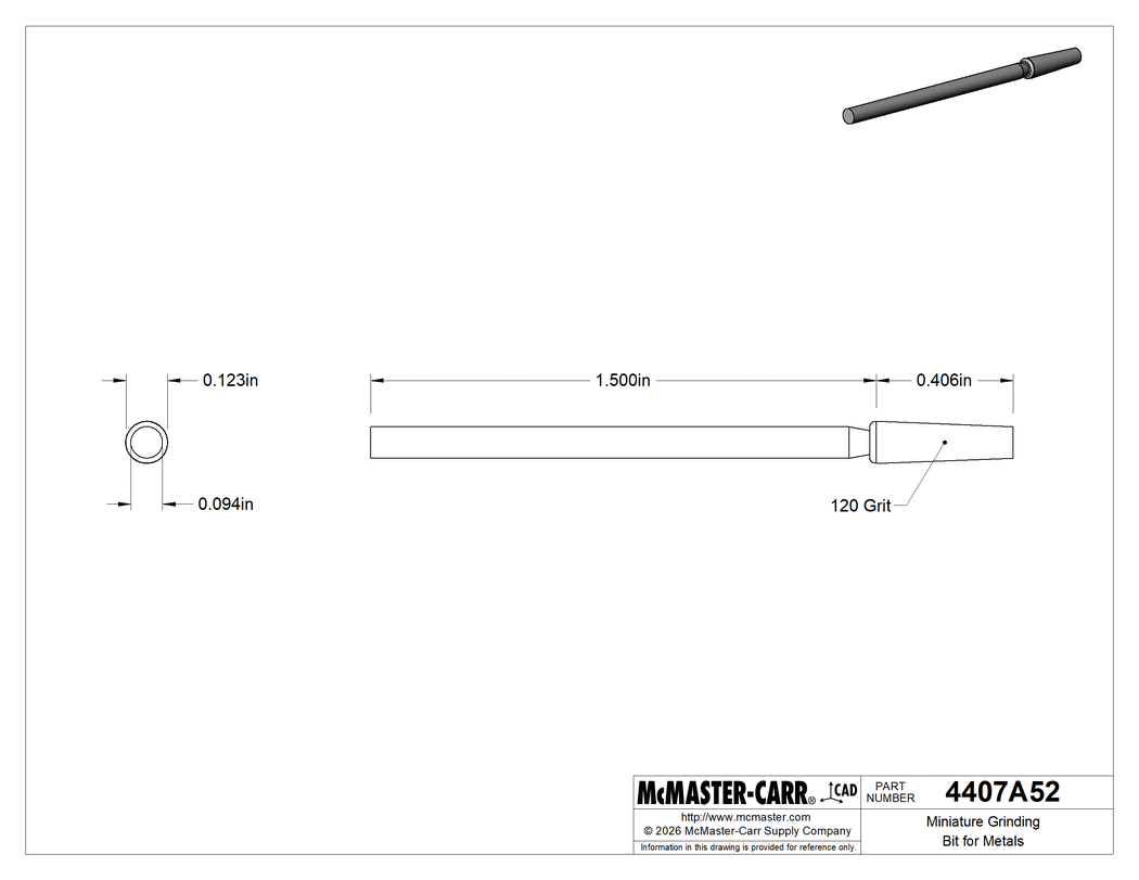 Technical Drawing of Miniature Grinding Bit for Metals, 1/8" Head Diameter, 13/32" Head Length, 120 Grit.